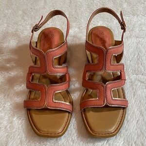 Born Sofia Rust Mango Metallic Leather Block Heel Sandals Coastal Euro Summer